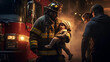 Firefighters rescuing a child from a burning building, intense emotion