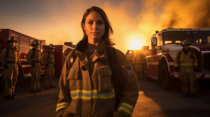 Wall Mural - Female firefighter, front and center, crew in the background, powerful stance, sunset behind, wide angle lens