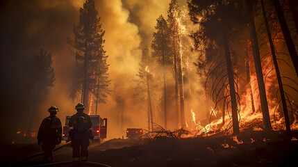 Canvas Print - firefighters in action, battling a large forest fire, flames and smoke, team coordination, golden ho