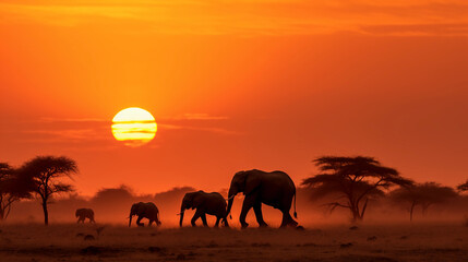sundown in a safari setting, silhouette of african wildlife like elephants and giraffes against the 