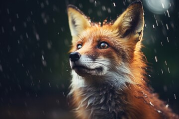 A red fox sitting in the rain. 