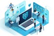 Isometric cyber security concept with business people working on laptop and protecting personal information, illustration, cyber security, safe guard of personal information