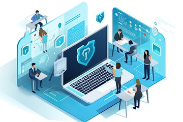 isometric cyber security concept with business people working on laptop and protecting personal info