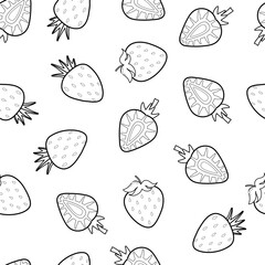 Wall Mural - Doodle strawberry black and white seamless pattern. Fresh fruit background in outline. Great for coloring page, fabric, and packaging. Vector illustration