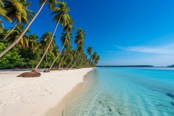 Exquisite beach with lush palm trees, clear blue sky, and shimmering turquoise ocean. Generative AI