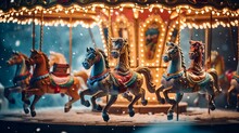 A Whimsical Christmas Carousel With Intricately Carved Horses And Colorful Lights, Spinning In A Winter Carnival