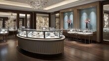 An Elegant Jewelry Store With Glass Display Cases And Dramatic Accent Lighting.