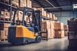 © vachom - Forklift loader in warehouse. Distribution warehouse. Industrial background. Package tracking. Warehouse space. Logistics ways.