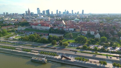 Wall Mural - Aerial panorama of Warsaw, Poland over the Vistual river and City center in a distance Old town. Downtown skyscrapers cityscape. Business