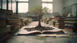 World philosophy day education concept with tree of knowledge planting on opening old big book in library with textbook, stack piles of text archive and aisle of bookshelves in school study class room