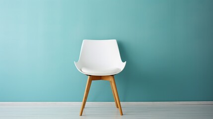 Canvas Print - White Plastic Modern Chair with Wood Legs isolated cyan background. AI generated image