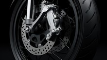 Close Up Of Front Caliper Motorcycle Disc Brake. AI Generated Image