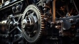 Fototapeta  - Old steam train locomotive wheels close up view. AI generated image