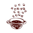 A bowl of soup and flying croutons. Vector illustration of food in graphic style. Menus of restaurants, cafes, snack bars, food labels, covers.
