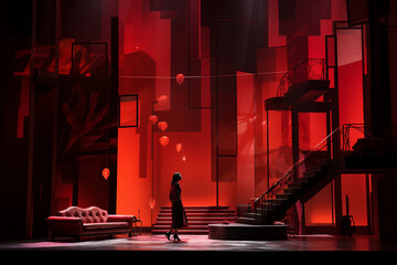 a ruby-red theater with an actress rehearsing her lines under a spotlight