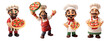 Funny cartoon pizza maker made of plasticine, different versions, isolated