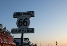 Los Angeles, California, USA; October 15 2023: Santa Monica Beach End Of The Trail Sign For The Legendary Route 66.