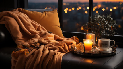 Wall Mural - Christmas interior of a cozy bedroom, a room with a view of the evening city in lights, New Year, apartment, sweet home, holiday decor, plaid, pillow, candles, bed, window, warm, holiday, festive