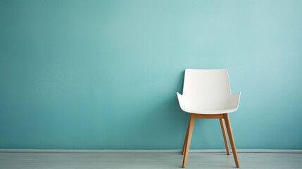 Canvas Print - White Plastic Modern Chair with Wood Legs isolated cyan background. AI generated image