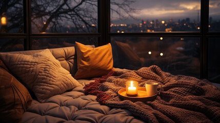 Wall Mural - Christmas interior of a cozy bedroom, a room with a view of the evening city in lights, New Year, apartment, sweet home, holiday decor, plaid, pillow, candles, bed, window, warm, holiday, festive