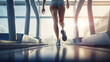 female legs running on the treadmill. mixed media