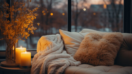 Wall Mural - Christmas interior of a cozy bedroom, a room with a view of the evening city in lights, New Year, apartment, sweet home, holiday decor, plaid, pillow, candles, bed, window, warm, holiday, festive