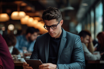 Wall Mural - Man is sitting at table and using tablet computer. This image can be used to illustrate technology, internet browsing, or remote work.