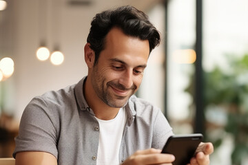 Canvas Print - Man is seated at table, focused on his cell phone. This image can be used to depict technology, communication, or modern lifestyle.