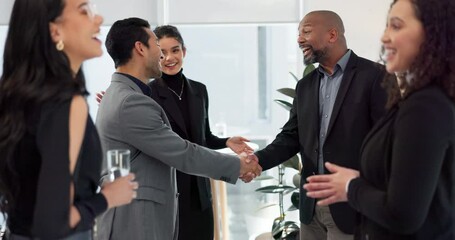 Canvas Print - Business people, handshake and meeting for b2b, partnership or introduction together at office. Businessman shaking hands with employee for teamwork, collaboration or agreement in deal at workplace