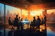Business People Meeting Brainstorming Discussion Cityscape Concept, 3D Rendering, illustration, corporate business meeting concept
