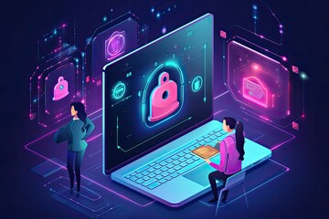 Cyber security concept with people and laptop with padlock, Isometric 3d illustration.