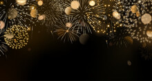 Gold Fireworks Vector Background With Bokeh. Abstract New Year Background With Space For Text. Realistic Fireworks Isolated On Dark Background.