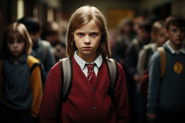 A sorrowful child girl appears distant, shunned by classmates, facing bullying