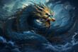 Blue golden dragon in big waves and clouds Chinese New Year illustration. Cultural traditions concept