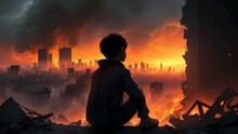 A Boy Sitting On The Edge Of Building Looking At The City On Fire After War, Seamless Looping Video Animated Background		