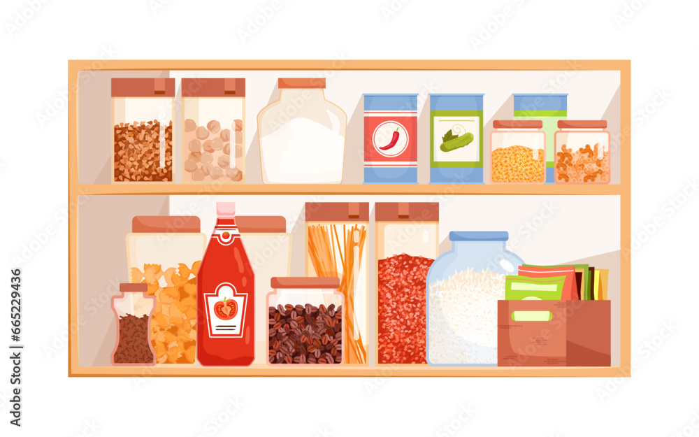 Kitchen cupboard shelves with food products vector illustration ...