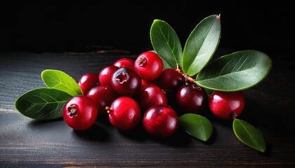 Wall Mural - ripe berries with leaves on a wooden surface with space for text