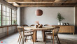 Chairs around rustic round wood dining table. Japandi interior design of modern dining room