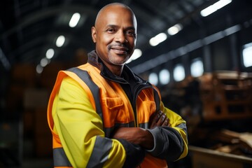 Wall Mural - Man warehouseman in a warehouse. Portrait with selective focus and copy space