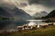 A flock of sheep by a lakeside with mountains and a cloudy sky. Generative AI