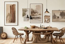 Rustic Live Edge Dining Table And Wooden Log Chairs Against Beige Wall With Big Art Poster Frame. Farmhouse, Japandi Interior Design Of Modern Dining Room