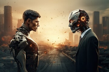 Cyborg man and robot on abstract city background, 3D rendering, humanoid robot vs cyborg war, clashes, ai robotic war, futuristic concepts, sci-fi characters