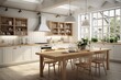 Elegant Nordic kitchen featuring white and wooden accents. Generative AI