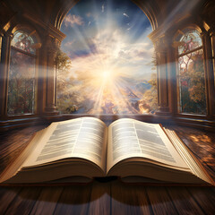 Wall Mural - An open bible with heavenly light shining through the church window 