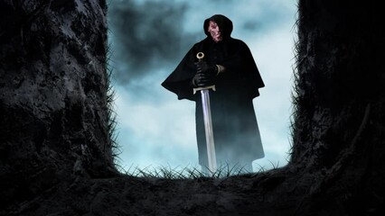 Wall Mural - open grave looking at death with sword 4k loop features a view from inside an open grave of a disfig