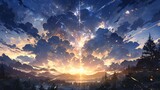 Fototapeta  - ［AI生成画像］日没の大空、森林1