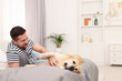 © New Africa - Man with adorable Labrador Retriever dog on bed at home, space for text. Lovely pet