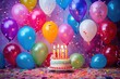 © InfiniteStudio - Birthday cake with candles on a background of colorful balloons