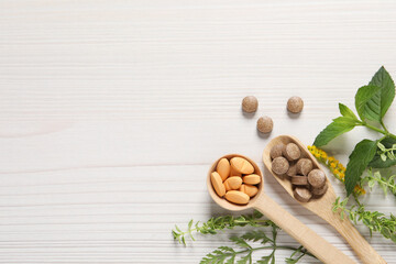 Wall Mural - Different pills and herbs on white wooden table, flat lay with space for text. Dietary supplements