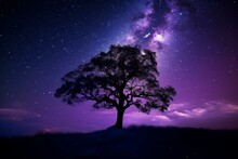 A Violet Image Of A Tree And A Night Sky. Generative AI